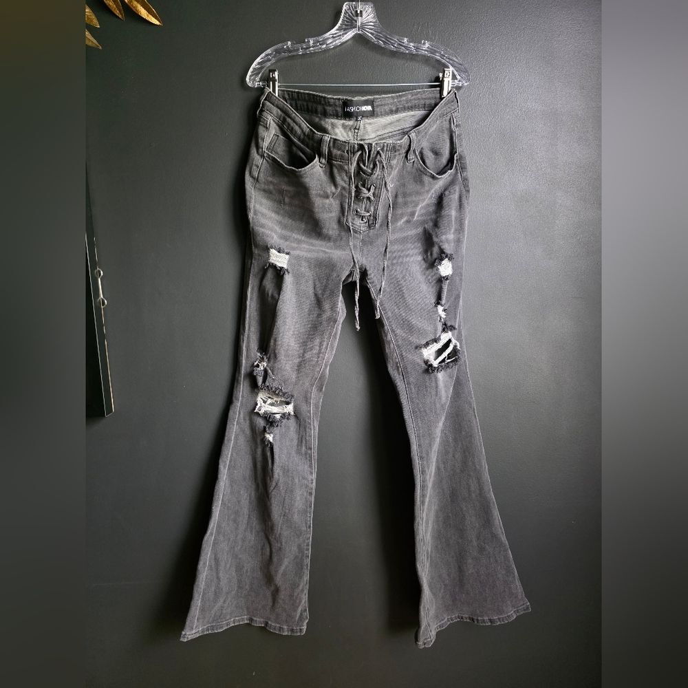 Black Washed Corset Lace Up Waist Distressed Flare Bootcut Jeans Sz 31